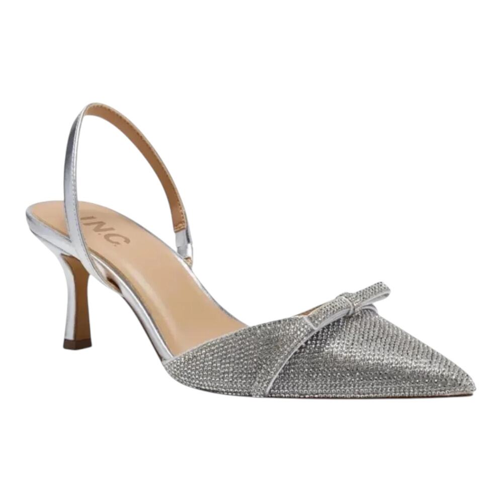 INC Women's Gelsey Slingback Kitten Heel Pumps Silver Crystal Size 7